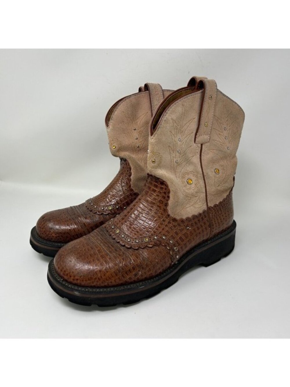 Ariat Fat Baby Womens 9.5 B Western Boots Brown Croc Embossed Gemstones 16427